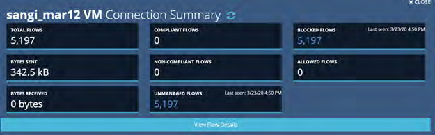 Connection Summary screenshot with blue panels showing metrics such as Total Flows, Blocked Flows, Bytes Sent (342.5 kB), Bytes Received (0 bytes), Unmanaged Flows, Compliant Flows, Allowed Flows, and a View Flow Details area at the bottom.