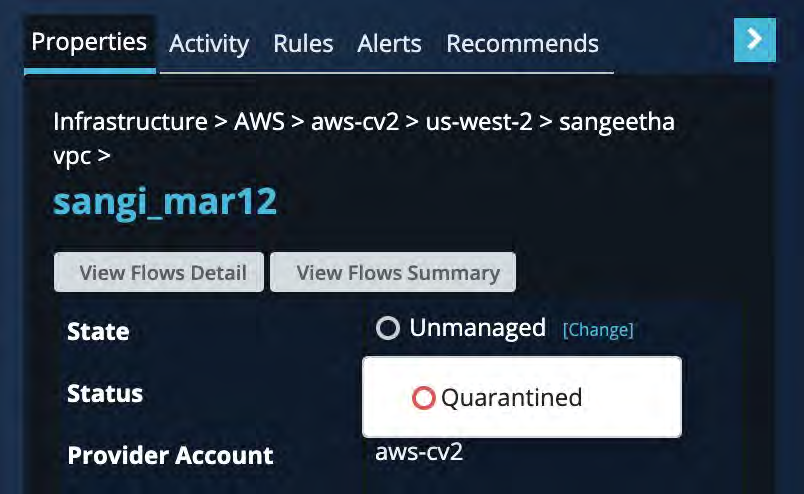 Screenshot of an asset properties panel showing breadcrumb Infrastructure AWS aws-cv2 us-west-2 sangeetha vpc, the asset name sangi_mar12, and the Status set to Quarantined.
