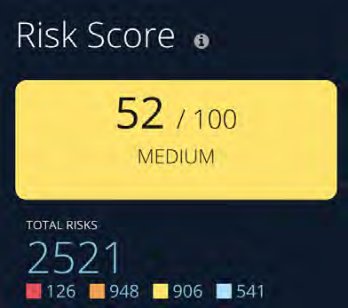Dashboard graphic showing a Risk Score card with value 52 / 100 MEDIUM and TOTAL RISKS 2521 with colored legend