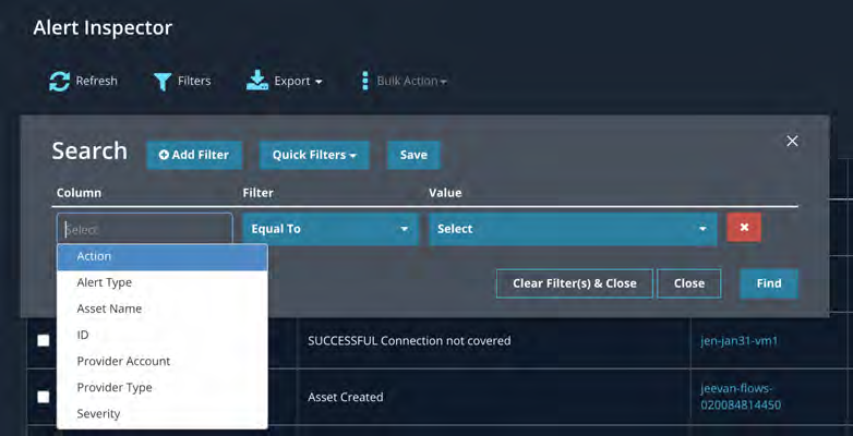 A screenshot of the Alert Inspector search filters modal showing Search with Add Filter, Quick Filters, Save buttons, dropdowns for Column / Filter / Value, and the filtered alert table visible behind the modal.