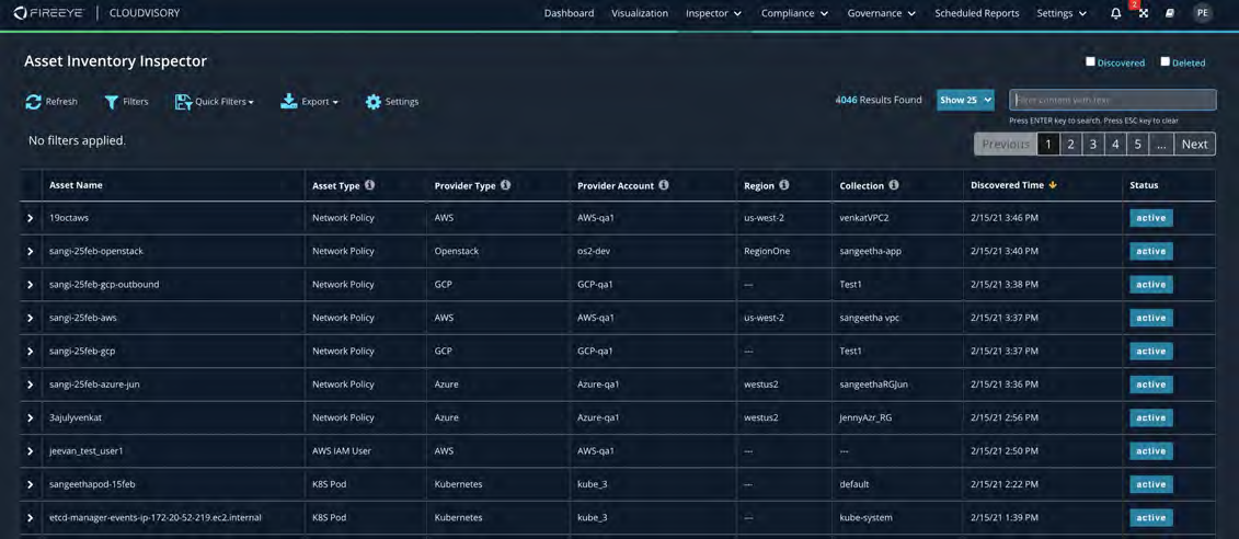 Dark-themed screenshot of the Asset Inventory inspector showing a table of assets with columns Asset Name, Asset Type, Provider Type, Provider Account, Region, Collection, Discovered Time, and Status; includes toolbar controls and pagination