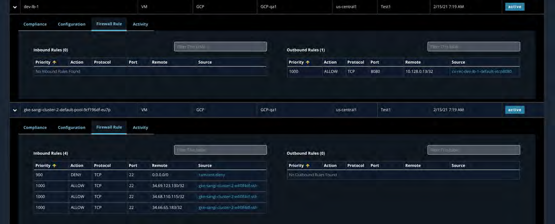 Screenshot of a dark-themed UI showing the GCP Firewall Rule tab with two panels displaying Inbound Rules and Outbound Rules tables for VMs; tables include columns like Priority, Action, Protocol, Port, Remote, and Source; two stacked instance panels visible