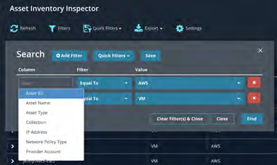 A dark-themed application modal titled Asset Inventory Inspector showing a Search panel with filter rows. Visible UI labels include Search, buttons Add Filter, Quick Filters, Save; column headers Column, Filter, Value; filter operator Equal To with selected values AWS and VM; a dropdown list showing options Asset ID, Asset Name, Asset Type, Collection, IP Address, Network Policy Type, Provider Account; and action buttons Clear Filter(s) & Close, Close, Find.
