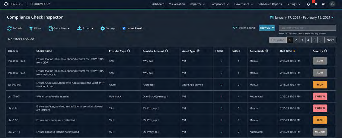Dark-themed Compliance Check Inspector screenshot showing a table of checks with columns Check ID, Check Name, Provider Type, Provider Account, Asset Type, Failed, Passed, Remediable, Run Time, and Severity; toolbar across the top with icons for Refresh, Filters, Quick Filters, Export, Settings and a checked Latest Result checkbox; several rows of example check results visible
