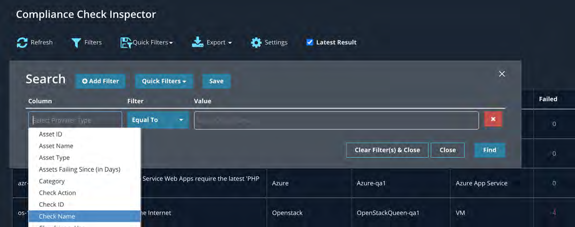 Overlay of a Search / Add Filter dialog on the Compliance Check Inspector showing Add Filter, Quick Filters, and Save buttons, a column dropdown list (Asset ID, Asset Name, Asset Type, etc.), filter operator selection, and value input fields; background shows the checks table