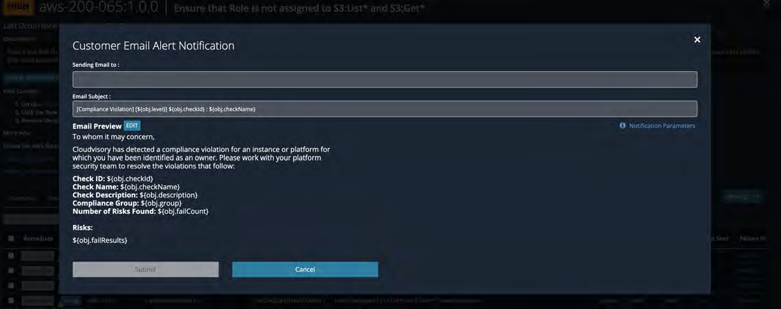 Modal dialog titled Customer Email Alert Notification showing fields like Sending Email to:, Email Subject:, Email Preview, and buttons Submit and Cancel.