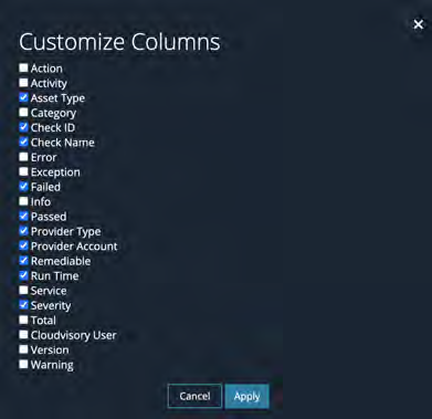 Dark Customize Columns modal showing a vertical checklist of column names with checkboxes (for example: Action, Activity, Asset Type, Category, Check ID, Check Name, Error, Exception, Failed, Info, Passed, Provider Type, Provider Account, Remediable, Run Time, Service, Severity, Total, Cloudvisory User, Version, Warning) and Cancel / Apply buttons at the bottom