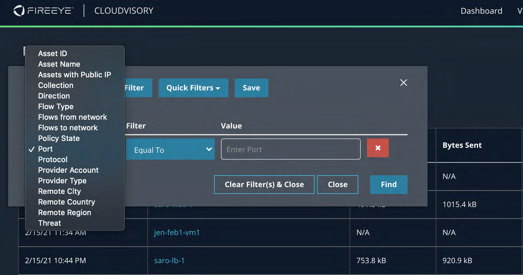 Filter modal screenshot showing a dropdown list of filter fields (Asset ID, Asset Name, Assets with Public IP, Collection, Direction, Flow Type, Port, Protocol, Provider Account, Provider Type, Remote City, Remote Country, Remote Region, Threat) on the left and filter controls on the right with Equal To, an input box (Enter Port), and buttons Clear Filter(s) & Close, Close, Find