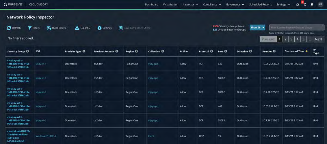 Dark-themed screenshot of the Network Policy Inspector table showing multiple policy rules in a grid with columns such as Security Group, VM, Provider Type, Provider Account, Region, Collection, Action, Protocol, Port, Direction, Remote, Discovered Time, and IP Type