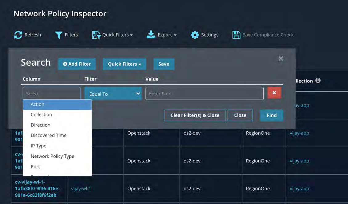 Screenshot of a Search filter dialog overlaid on the Network Policy Inspector showing dropdowns for Column, Filter, and Value, with buttons like Add Filter, Quick Filters, Save, Clear Filter(s) & Close, Close, and Find