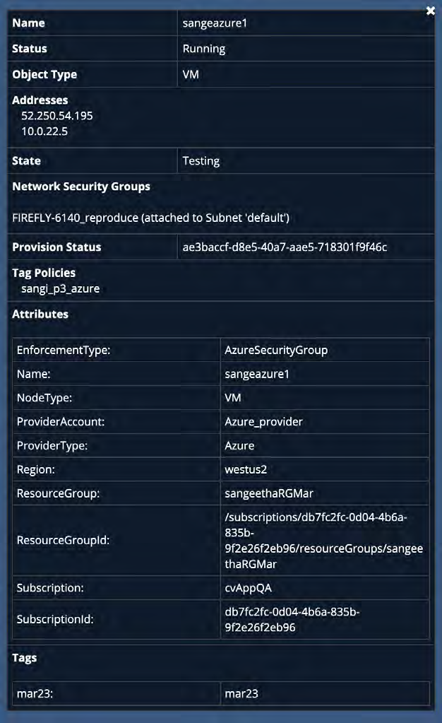 Dark blue UI panel showing VM details in two-column rows with labels on the left and values on the right for a VM named sangeazure1.