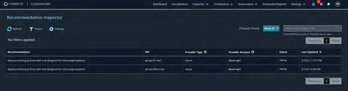 Screenshot of the Recommendation Inspector UI showing a dark blue dashboard header and a table listing recommendations with columns for Recommendation, VM, Provider Type, Provider Account, Status, and Last Updated