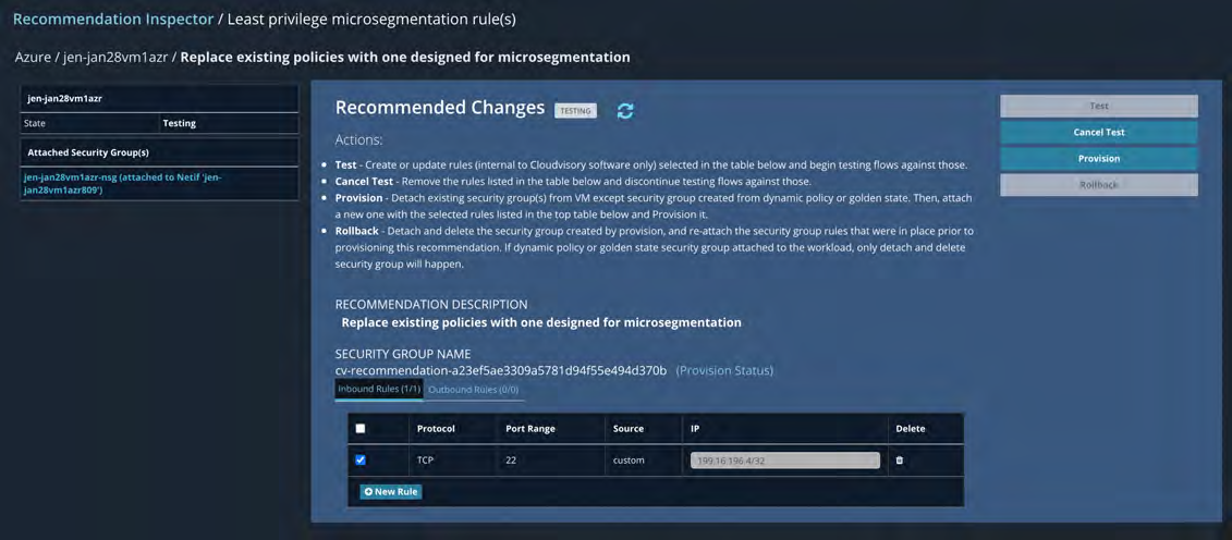 Recommendation Inspector UI showing Replace existing policies with one designed for microsegmentation header, a left sidebar with VM and state details, a central blue panel titled Recommended Changes listing actions (Test, Cancel Test, Provision, Rollback), and a bottom table of inbound security group rules with a TCP rule and port/IP fields.