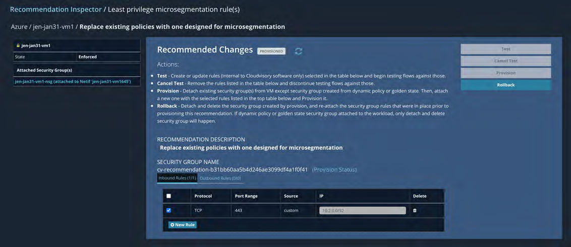 Recommendation Inspector UI screenshot for a different VM showing Replace existing policies with one designed for microsegmentation, central recommended changes panel, and a security group rules table with a TCP rule (port 443) and an IP field.