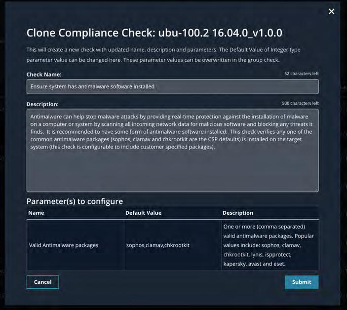 Modal dialog titled Clone Compliance Check: ubu-100.2 16.04.0_v1.0.0 showing form fields for Check Name, Description, Parameter(s) to configure table, and Cancel and Submit buttons.