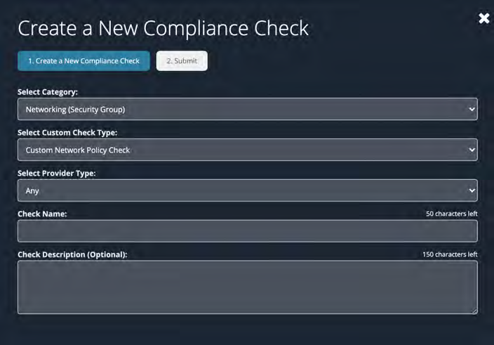 Create a New Compliance Check popup dialog showing form fields: Select Category, Select Custom Check Type, Select Provider Type, Check Name, and Check Description