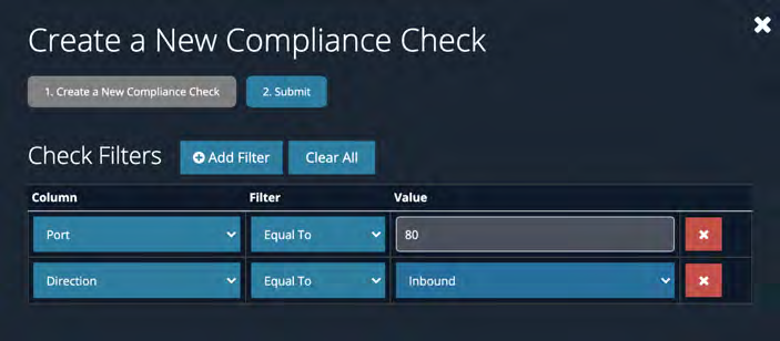 Create a New Compliance Check popup showing Check Filters UI with Column, Filter, and Value rows and Add Filter / Clear All buttons