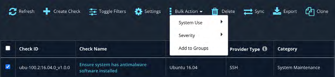 top menu and checks table showing toolbar icons (Refresh, Create Check, Toggle Filters, Settings, Bulk Action, Delete, Sync, Export, Clone) and a Bulk Actions dropdown over a dark table with checkboxes