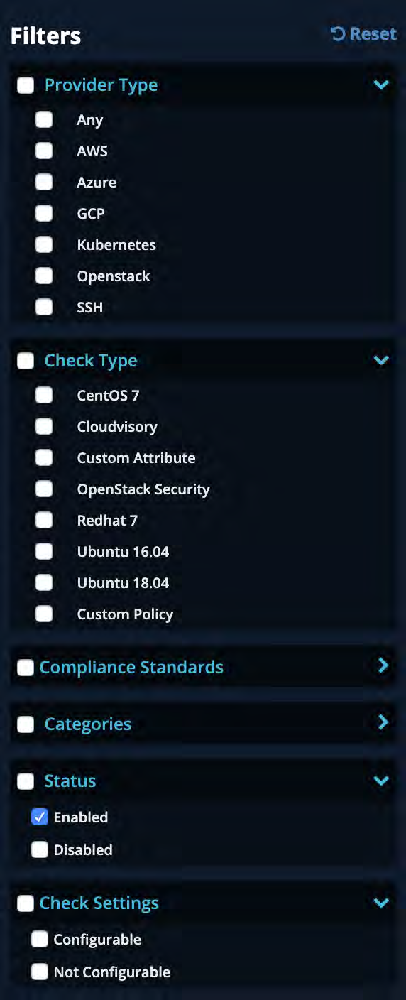 Dark-themed sidebar titled Filters showing a Reset link and multiple accordion filter sections with checkbox options (Provider Type, Check Type, Compliance Standards, Categories, Status, Check Settings).