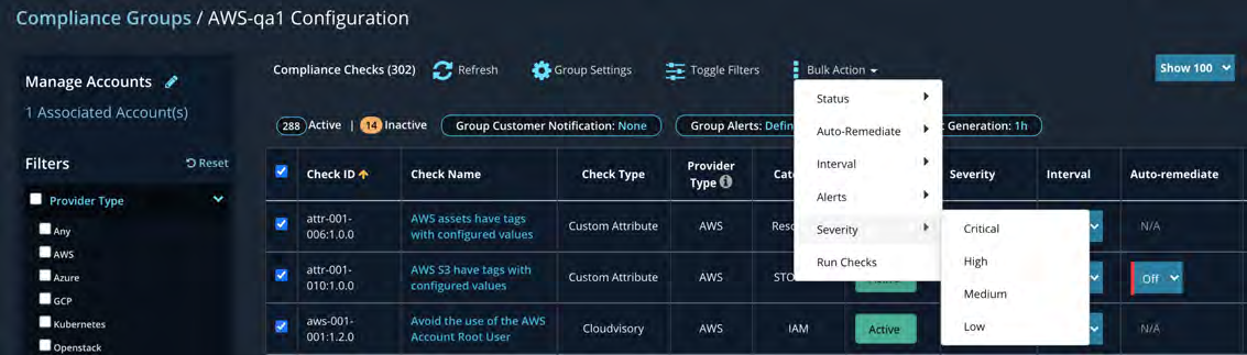 Screenshot of the Compliance Groups / AWS-qa1 Configuration screen showing the checks list, filters on the left, and Bulk Action menus over the checks table in a dark-themed UI.