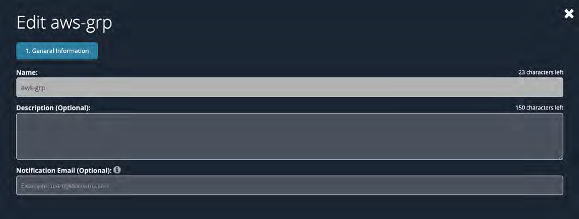Edit aws-grp popup showing fields Name, Description (Optional), and Notification Email (Optional) in a dark-themed UI with input boxes and a modal frame.