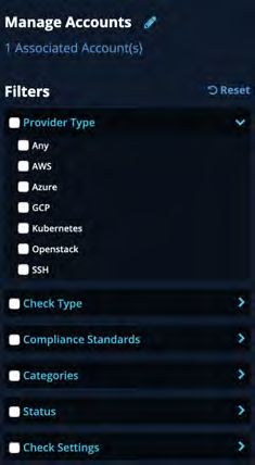 Left-side Filters panel showing sections like Provider Type, Check Type, Compliance Standards, Categories, Status, and Check Settings with checkboxes in a dark-themed sidebar.