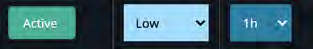Small UI images showing badges: Active, Low severity dropdown, and 1h interval dropdown