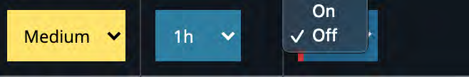 Three UI dropdown controls on a dark background showing Medium, 1h, and a dropdown with On ✓ Off.