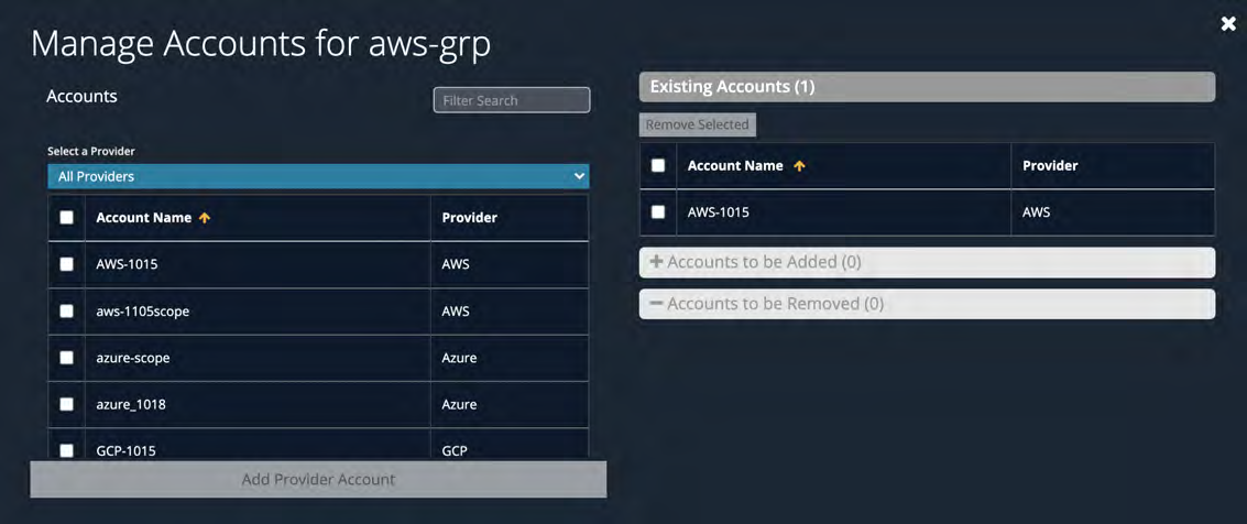 Full Manage Accounts screen showing left panel Accounts list and right panel Existing Accounts with table rows and provider columns.