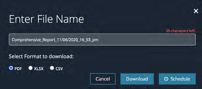 Large dialog titled Enter File Name showing a filename field with Comprehensive_Report_11/06/2020_16_53_pm, radio options for PDF, XLSX, CSV, and action buttons Cancel, Download, and Schedule.