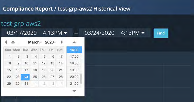 Large screenshot of the historical view header showing the start and end date dropdowns and a calendar time picker open on the left dropdown