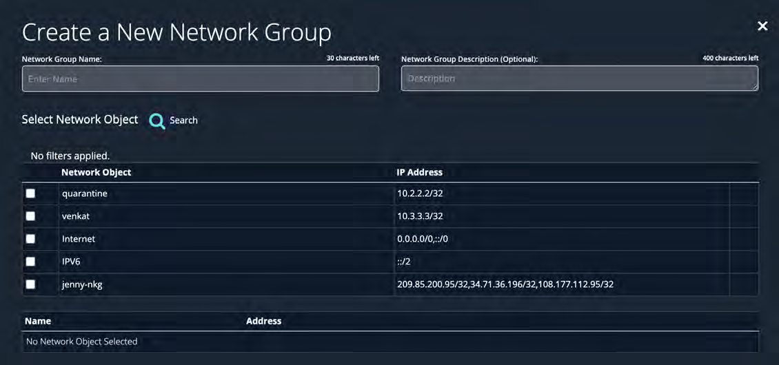 Large screenshot of the Create a New Network Group dialog showing fields for Network Group Name and Description, and a dark-themed list of network objects with IP Address column
