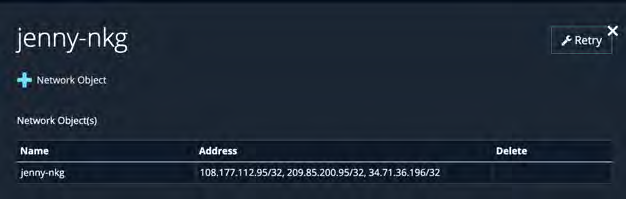Screenshot of the Edit Network Group panel showing the group name header and a small table listing selected network objects and their addresses
