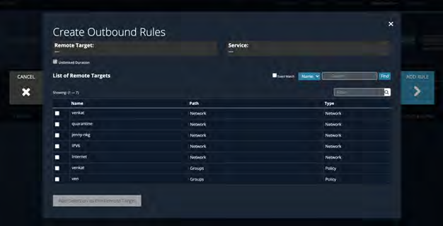 Create Outbound Rules dialog screenshot showing a list of remote targets and service selection in a dark UI
