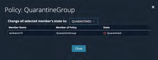 Policy: QuarantineGroup dialog screenshot showing workloads and a state set to Quarantined in a dark UI