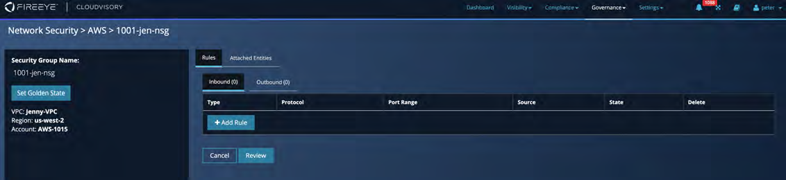 Edit Security Group view showing security group details on the left (name, VPC, region, account) and a rules area on the right with tabs for Inbound and Outbound and a table of current rules; dark-themed UI