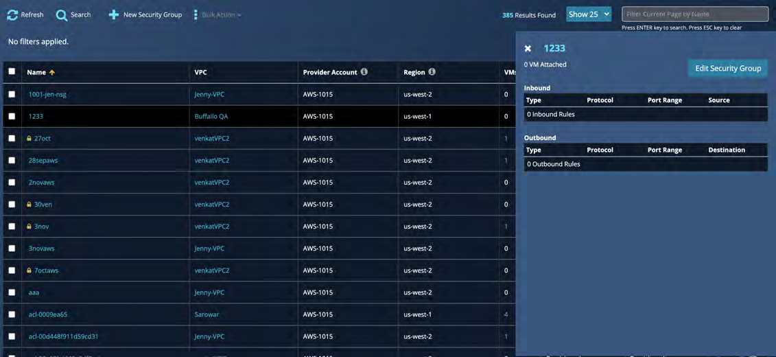 Network Security Groups list UI showing a table of security groups on the left and a right-side details pane titled 1233 with inbound and outbound rules panels and an Edit Security Group button.