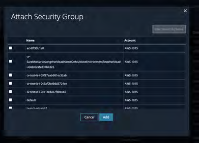 Attach Security Group dialog showing a list of security groups with checkboxes and 'Cancel' and 'Add' buttons at the bottom.