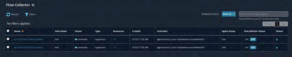 Dark-themed Flow Collector dashboard screenshot showing a table of agents with columns including Name, Host Name, Status, Type, Resources, Created, Controller, Agent Group, Flow Monitor Status with ON/OFF toggles, filter and refresh controls at the top right, and multiple rows of agent entries