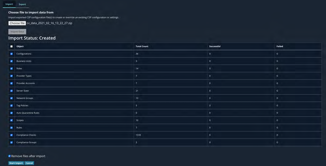 Dark-themed Import UI screenshot showing Import Status: Created and a table of objects with checkboxes, total count, successful, and failed columns.