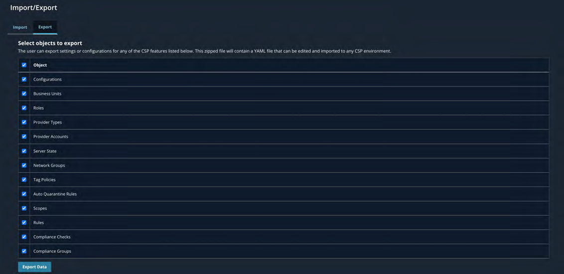 Dark-themed Export UI screenshot showing a list of objects with checkboxes and an Export Data button at the bottom.