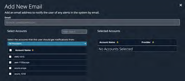 Modal screenshot titled Add New Email showing fields for Email, account selection list on the left, and Selected Accounts panel on the right in a dark UI
