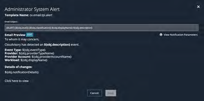 Administrator System Alert modal screenshot titled Template Name: cv.email.tpl.alert showing an Email Subject input and an Email Preview area with placeholder variables such as ${obj.description}, ${obj.eventType}, ${obj.providerTypeName}, ${obj.providerAccountName}, ${obj.displayName}, and ${obj.notificationDetails}; includes Cancel and Send buttons