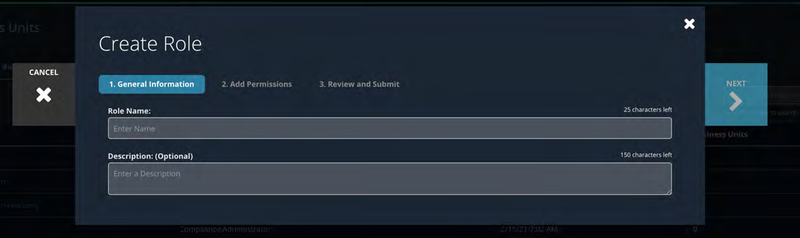 Create Role modal dialog screenshot with form steps across the top, input fields for Role Name and Description (Optional), and a Next button on the right