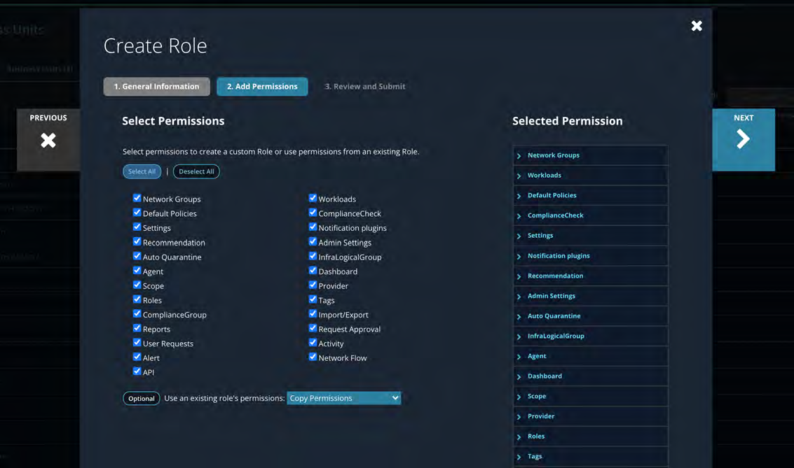 Modal dialog titled Create Role showing Select Permissions checklist in two columns and a Selected Permission panel on the right with a dark blue UI and step tabs 1. General Information 2. Add Permissions 3. Review and Submit