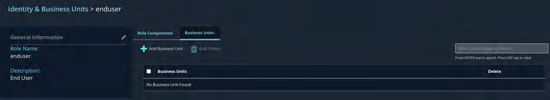 Screenshot of the Business Units tab showing No Business Unit Found in a dark UI and controls to add business units
