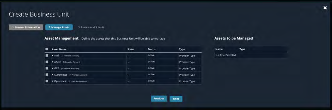 Create Business Unit Manage Assets screen showing heading Asset Management Define the assets that this Business Unit will be able to manage, a table of asset types (AWS, Azure, GCP, Kubernetes, Openstack) with checkboxes, an Assets to be Managed panel showing No Asset Selected, and Previous and Next buttons