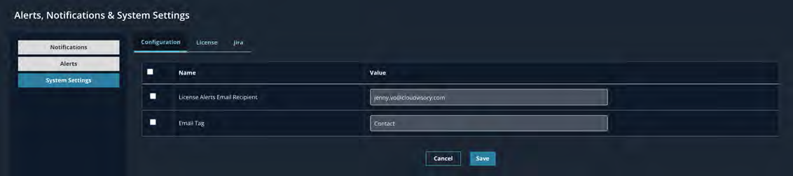 Screenshot of Alerts, Notifications & System Settings UI showing the Configuration tab — left navigation with Notifications, Alerts, System Settings, and a settings table listing License Alerts Email Recipient and Email Tag fields with input boxes; Cancel and Save buttons visible