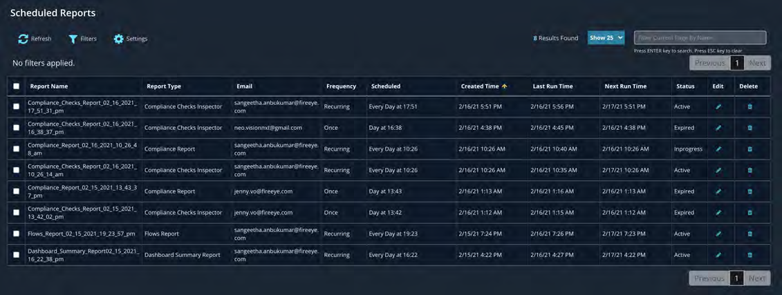 Screenshot of the Scheduled Reports UI showing a dark-themed table listing scheduled reports with columns such as Report Name, Report Type, Email, Frequency, Scheduled, Created Time, Last Run Time, Next Run Time, Status, Edit, and Delete; top toolbar with Refresh, Filters, and Settings is visible.