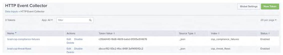 Screenshot of Splunk HTTP Event Collector page listing tokens including brad-csp-compliance-failures and brad-csp-threat-flows with Token Value, Source Type _json, Index csp_compliance_failures / csp_threat_flows, and Status Enabled